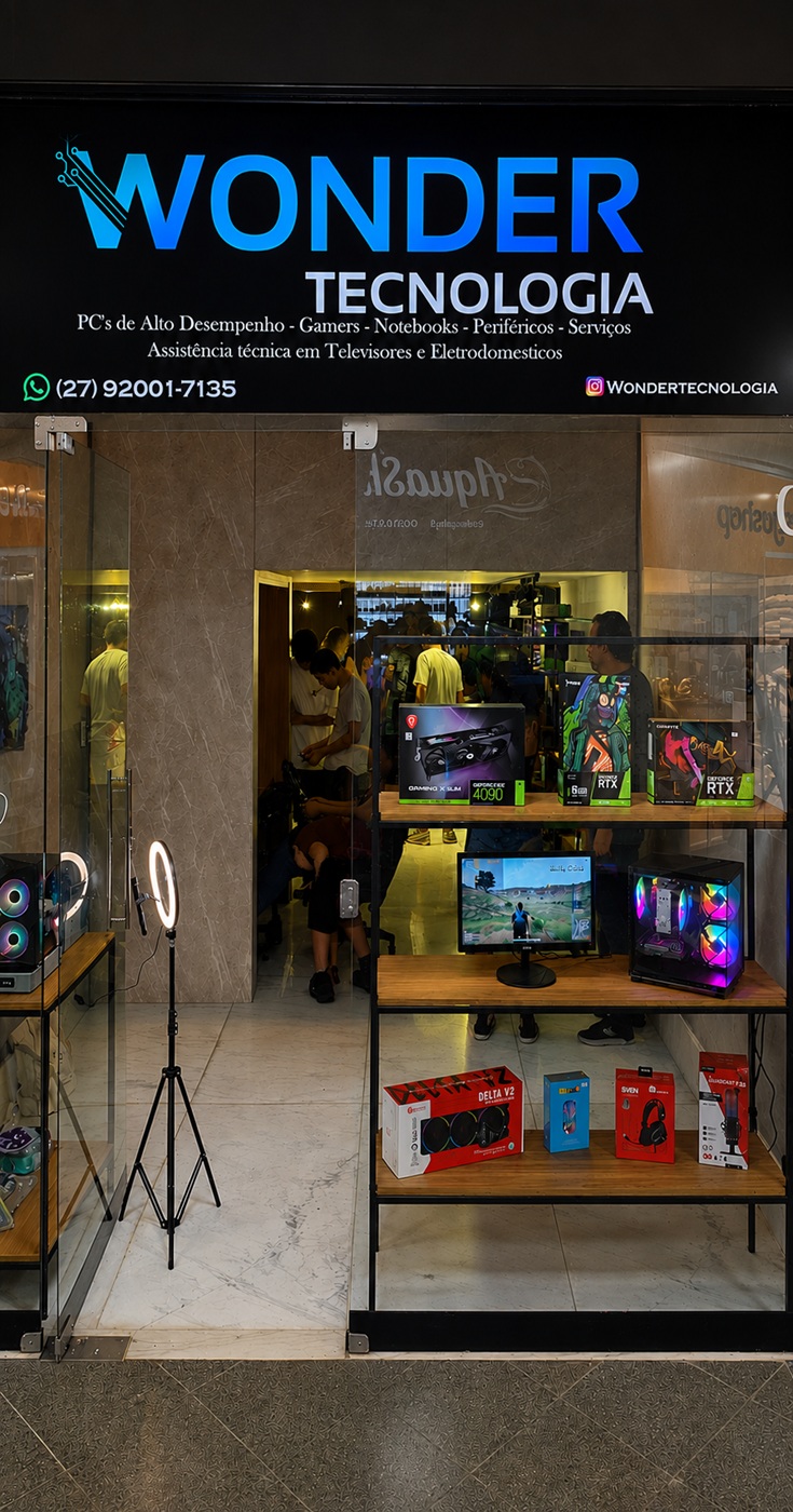 Fachada da loja Wonder Tecnologia em Santa Lúcia, Vitória/ES — vitrine com placas de vídeo RTX, GeForce 4090, periféricos e PCs gamer